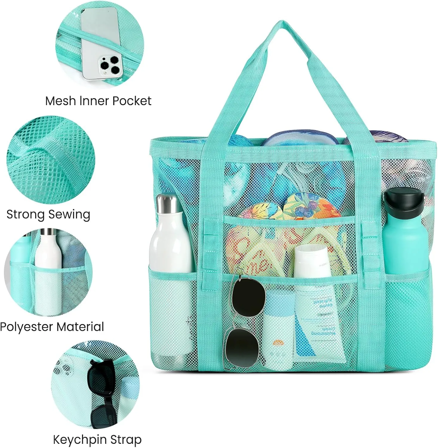 Beach Bag - Mesh Beach Bag Large 8 Pockets, Beach Tote Bag Beach Essentials for Vacation Must Haves