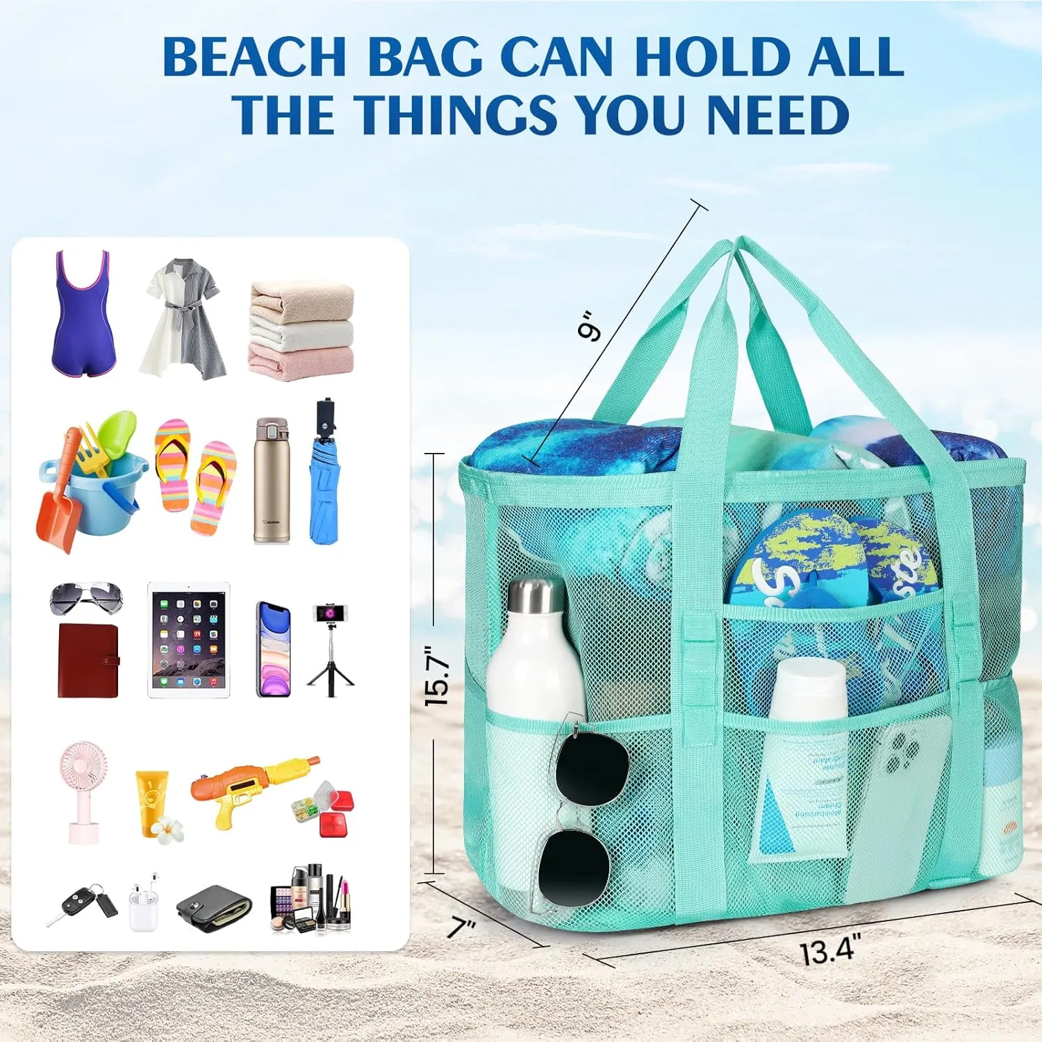 Beach Bag - Mesh Beach Bag Large 8 Pockets, Beach Tote Bag Beach Essentials for Vacation Must Haves