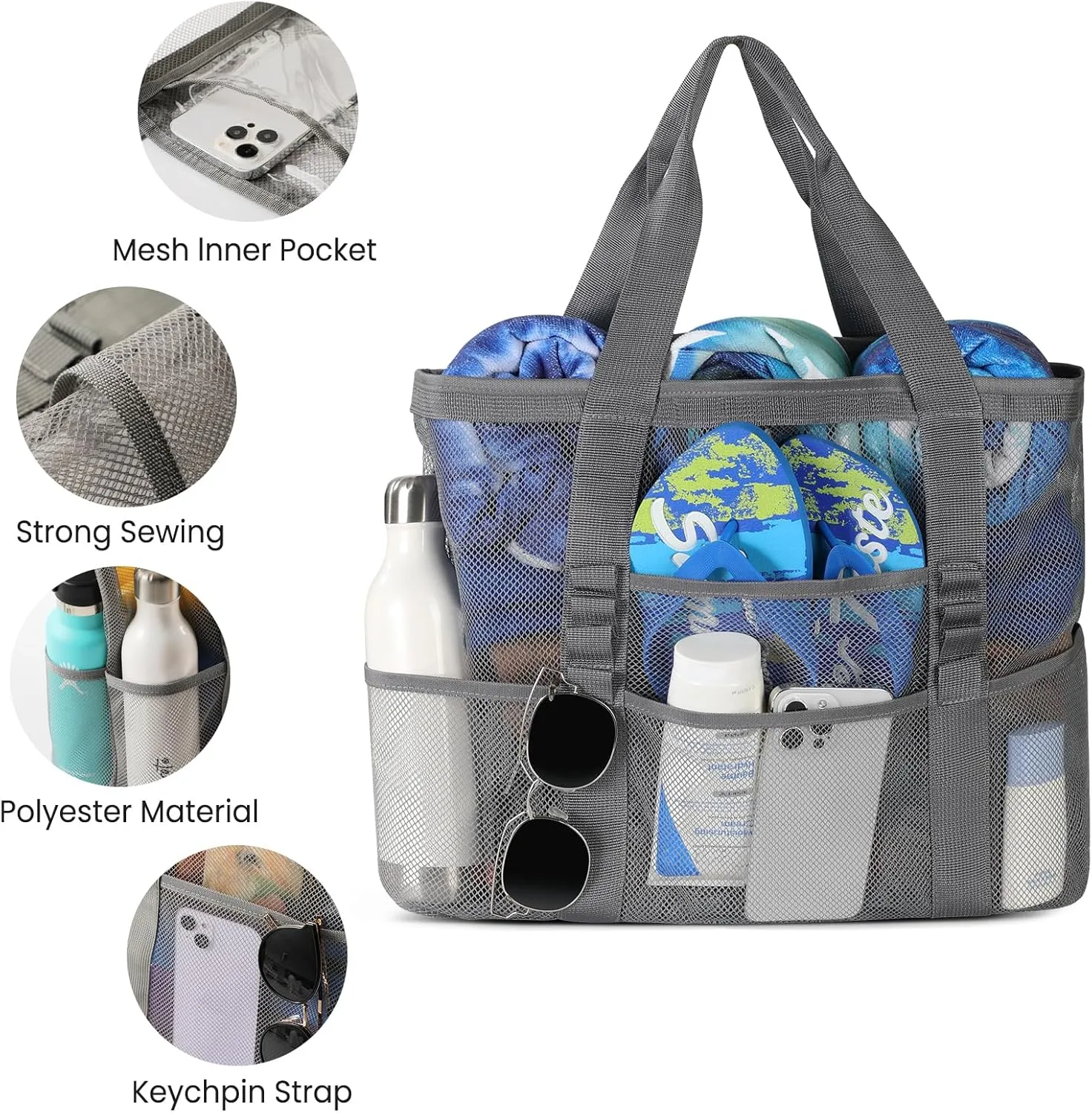 Beach Bag - Mesh Beach Bag Large 8 Pockets, Beach Tote Bag Beach Essentials for Vacation Must Haves