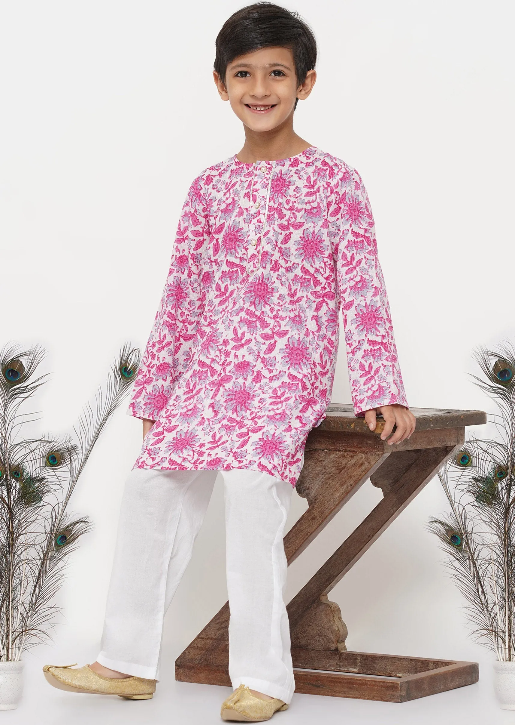 Boy's Cotton Thread Work Floral Kurta With Pearl Buttons And Pyjama In Pink And Cream - Little Bansi Boys