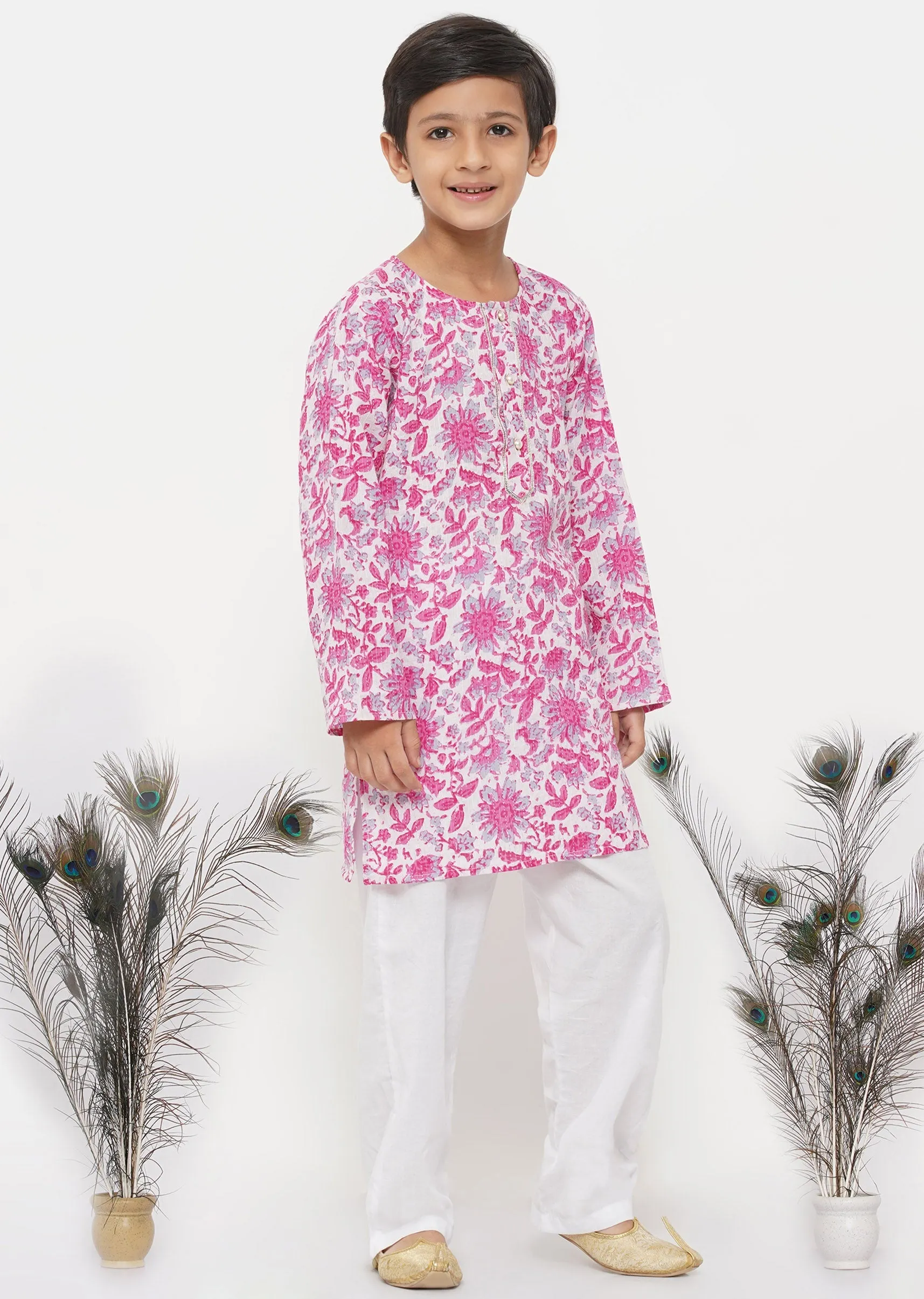Boy's Cotton Thread Work Floral Kurta With Pearl Buttons And Pyjama In Pink And Cream - Little Bansi Boys