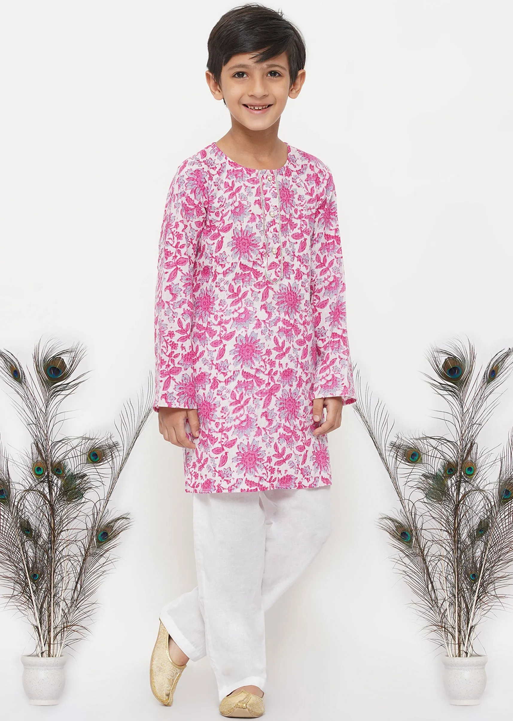 Boy's Cotton Thread Work Floral Kurta With Pearl Buttons And Pyjama In Pink And Cream - Little Bansi Boys