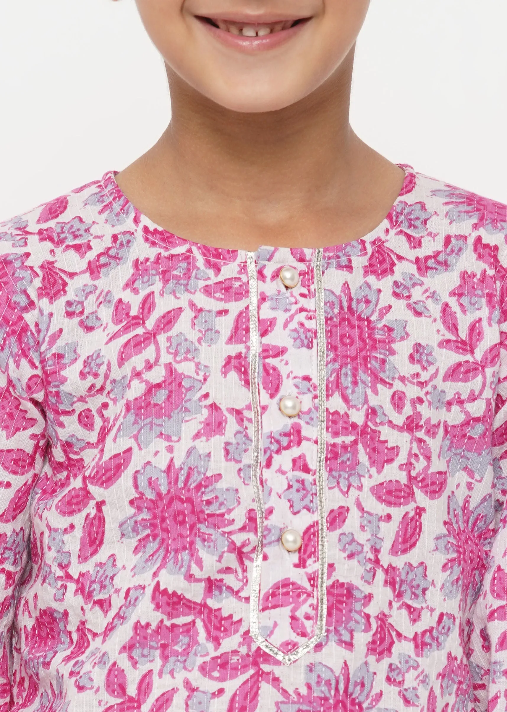 Boy's Cotton Thread Work Floral Kurta With Pearl Buttons And Pyjama In Pink And Cream - Little Bansi Boys