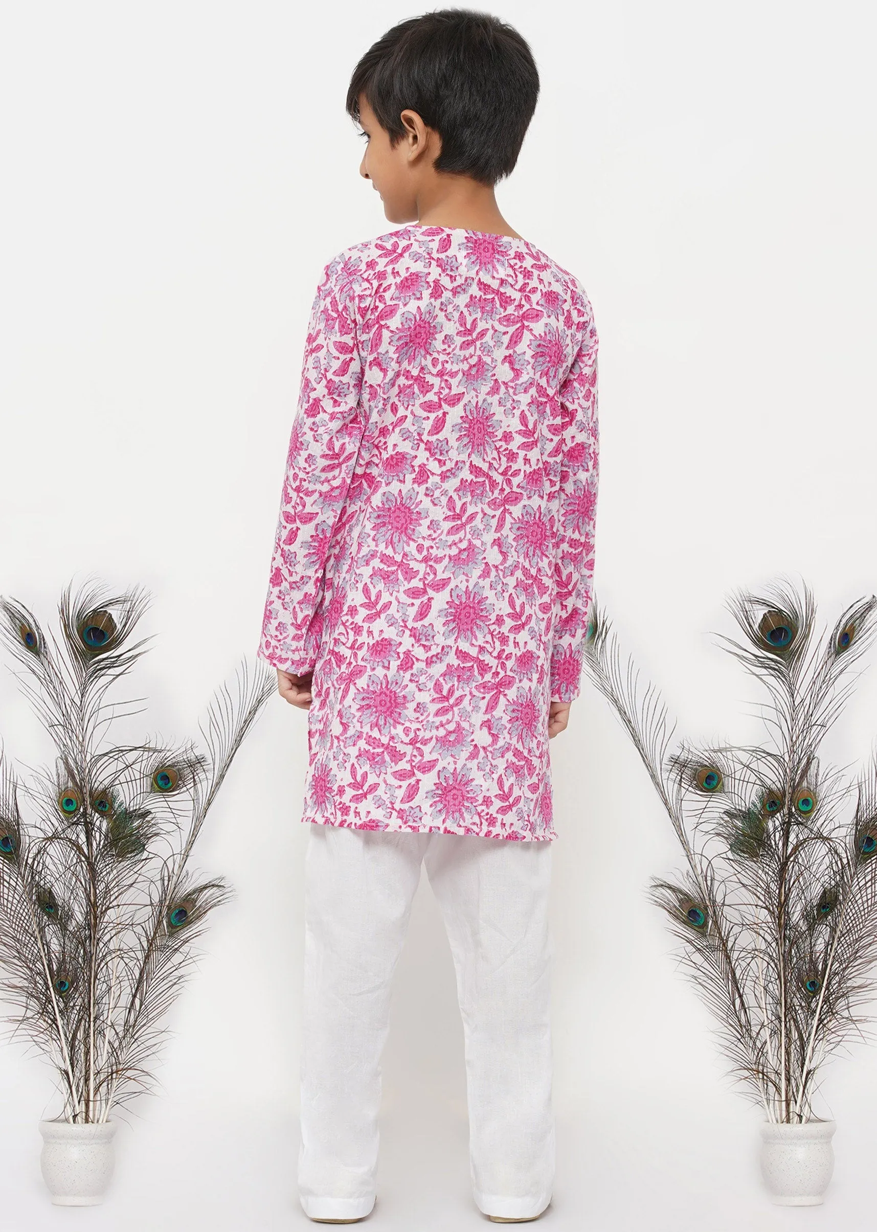Boy's Cotton Thread Work Floral Kurta With Pearl Buttons And Pyjama In Pink And Cream - Little Bansi Boys