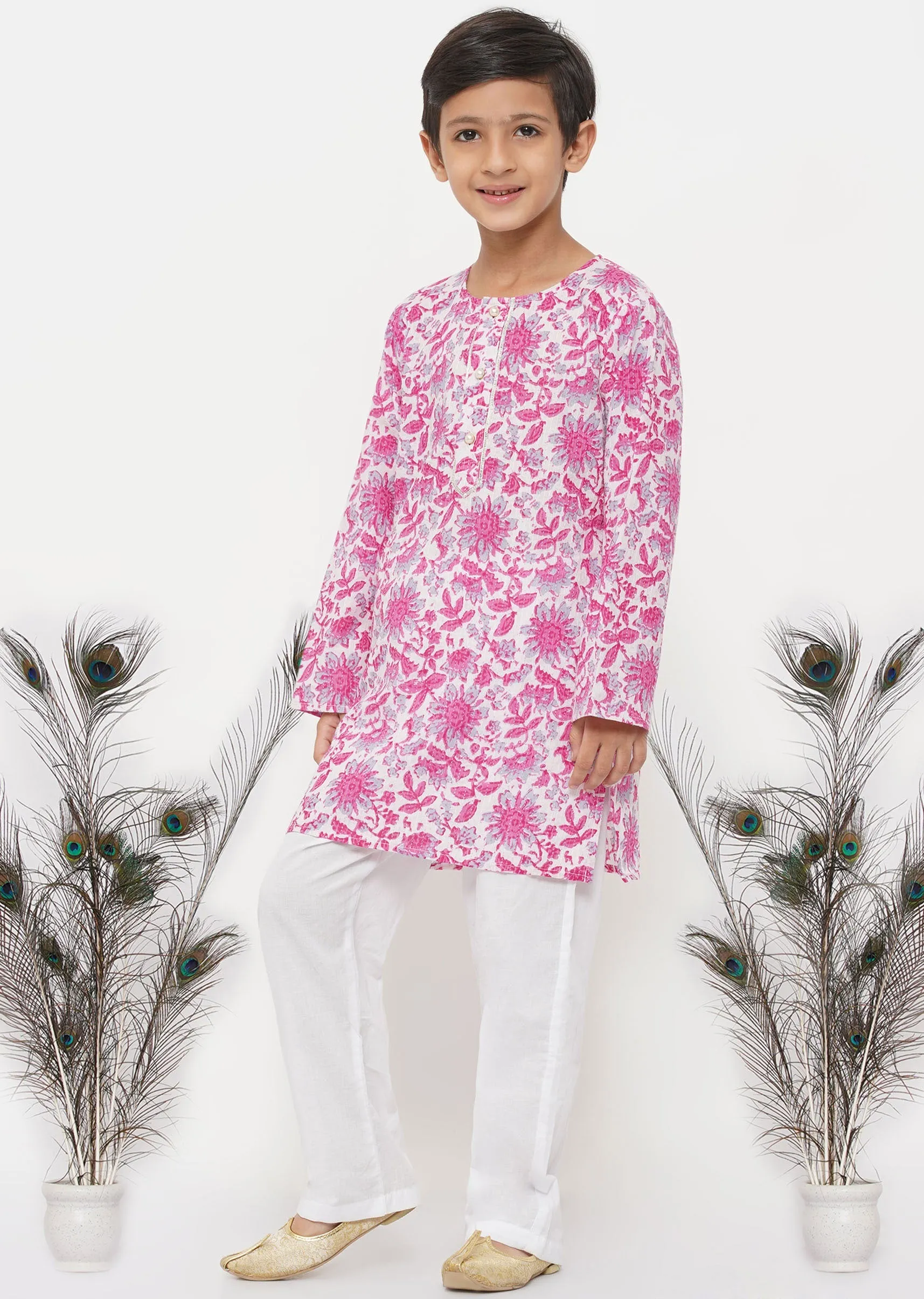 Boy's Cotton Thread Work Floral Kurta With Pearl Buttons And Pyjama In Pink And Cream - Little Bansi Boys