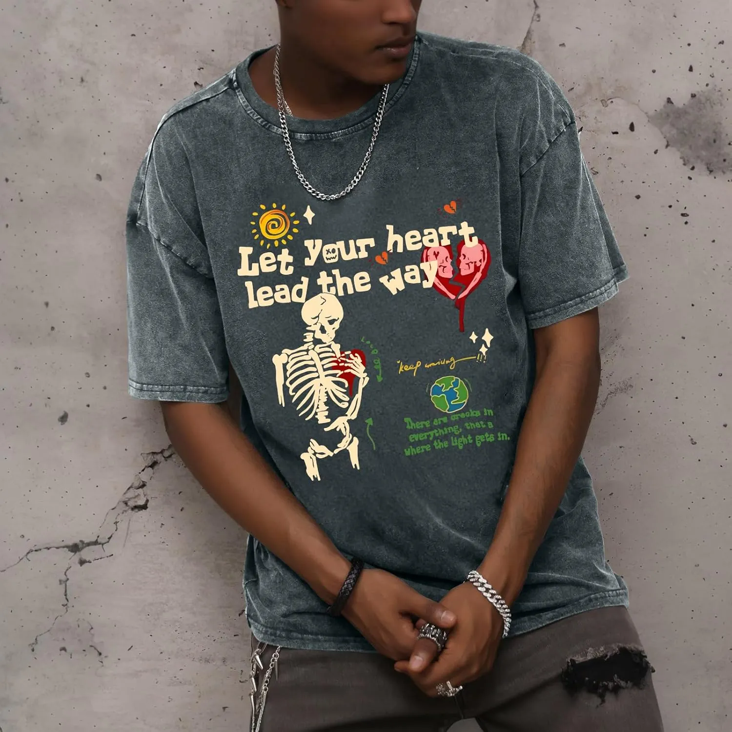 Mens Skeleton Graphic Tee Shirt Streetwear Vintage Acid Wash Shirts Inspirational Letter Print Tshirts Summer Top