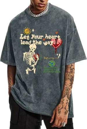 Mens Skeleton Graphic Tee Shirt Streetwear Vintage Acid Wash Shirts Inspirational Letter Print Tshirts Summer Top