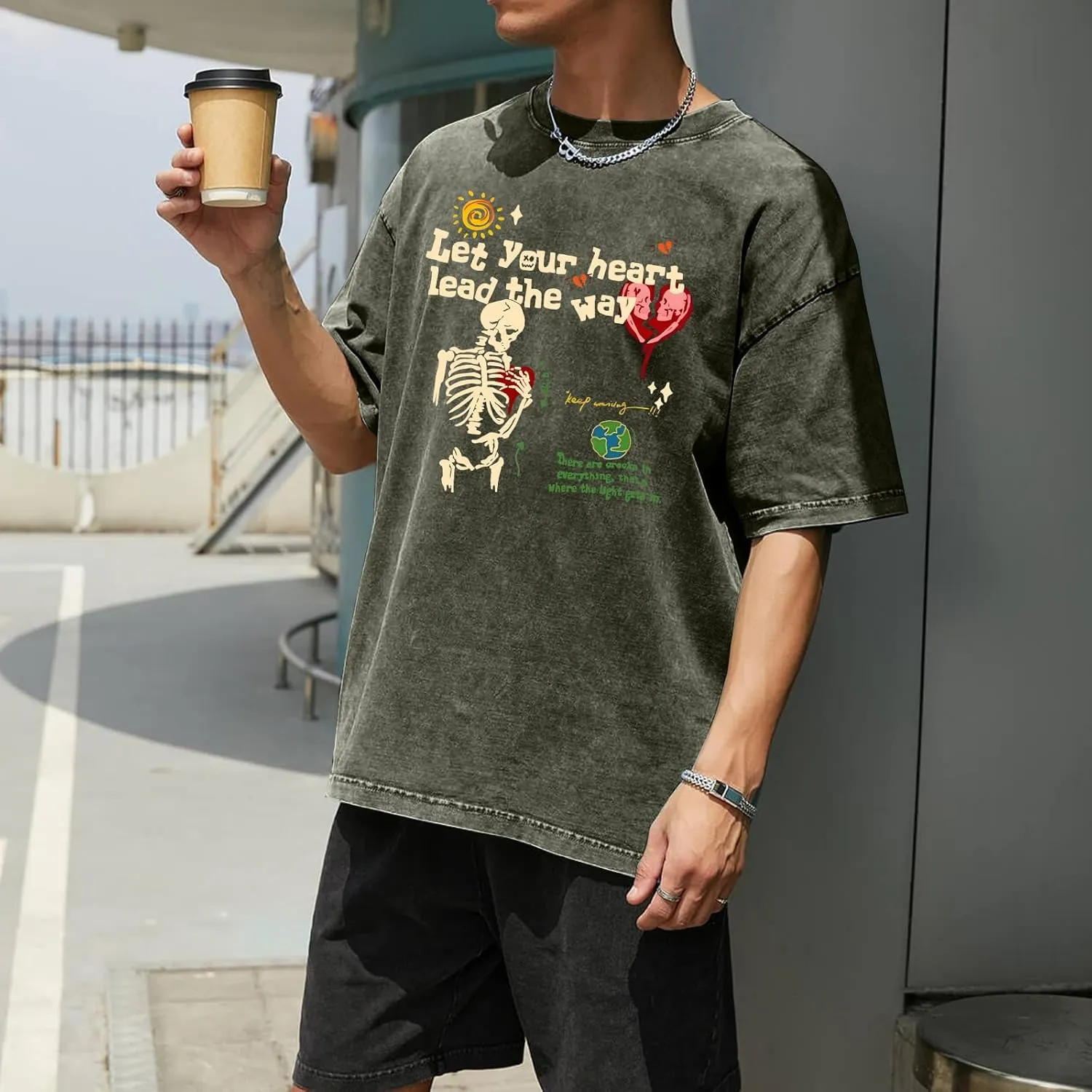 Mens Skeleton Graphic Tee Shirt Streetwear Vintage Acid Wash Shirts Inspirational Letter Print Tshirts Summer Top