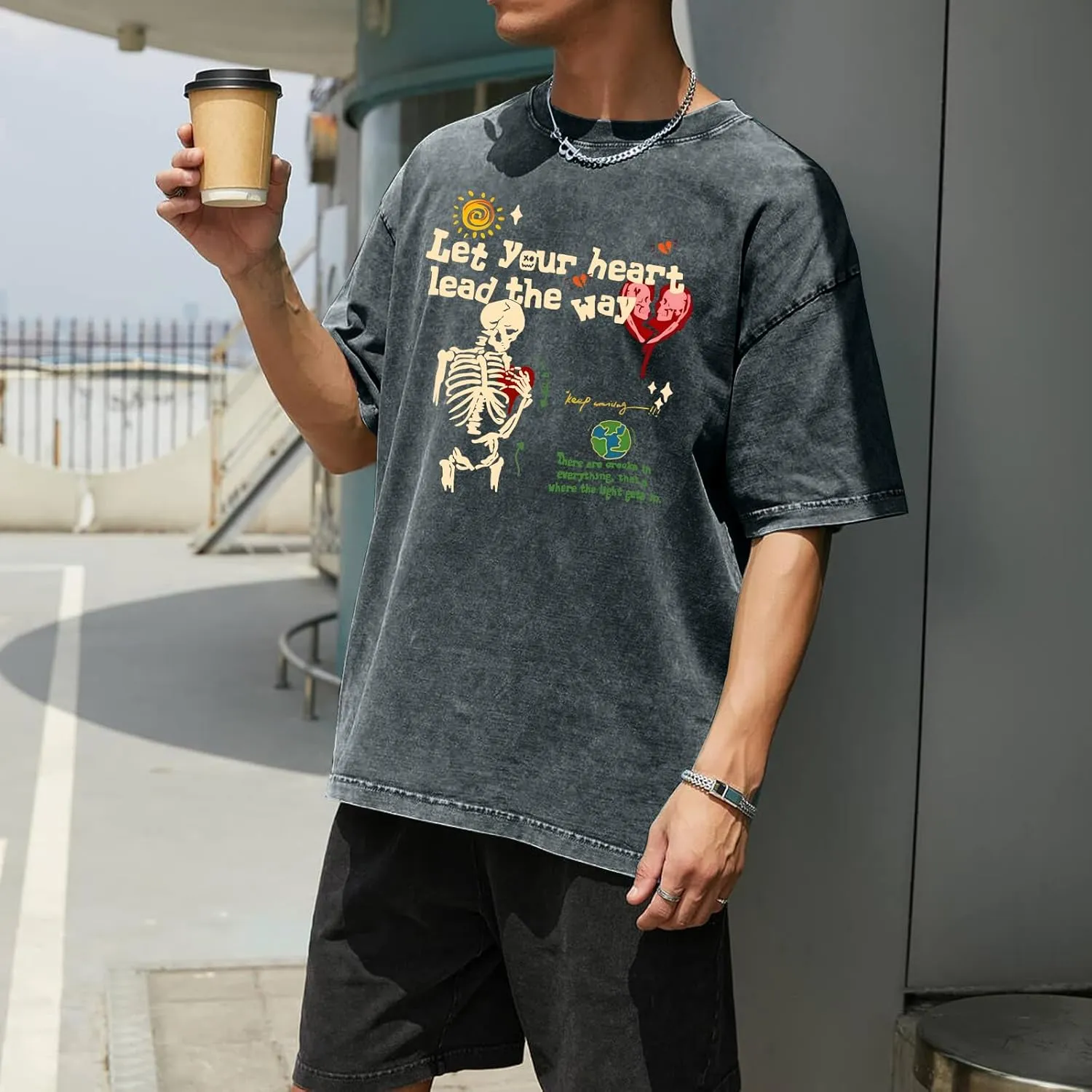 Mens Skeleton Graphic Tee Shirt Streetwear Vintage Acid Wash Shirts Inspirational Letter Print Tshirts Summer Top