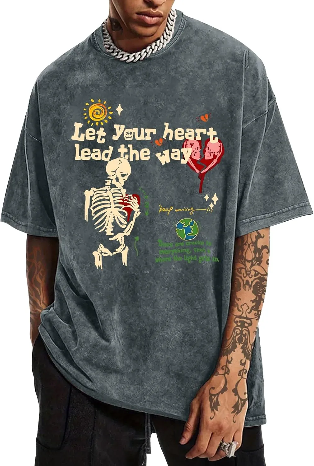 Mens Skeleton Graphic Tee Shirt Streetwear Vintage Acid Wash Shirts Inspirational Letter Print Tshirts Summer Top