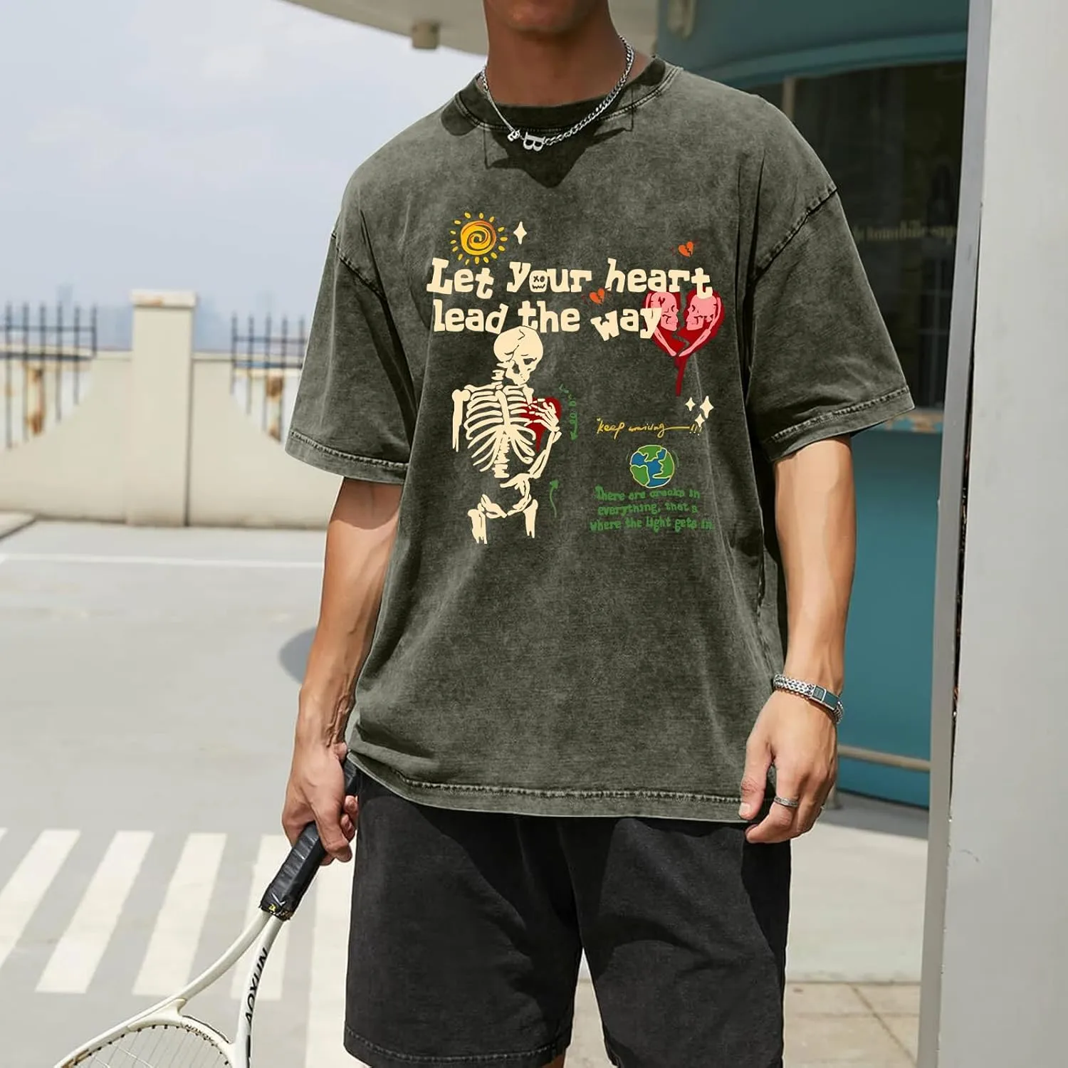 Mens Skeleton Graphic Tee Shirt Streetwear Vintage Acid Wash Shirts Inspirational Letter Print Tshirts Summer Top