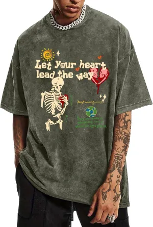 Mens Skeleton Graphic Tee Shirt Streetwear Vintage Acid Wash Shirts Inspirational Letter Print Tshirts Summer Top