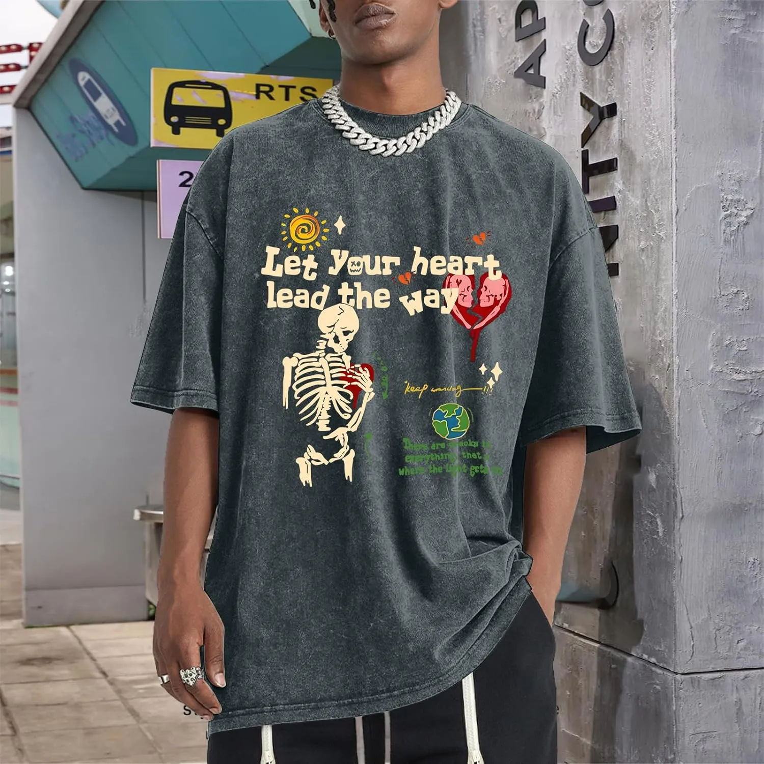 Mens Skeleton Graphic Tee Shirt Streetwear Vintage Acid Wash Shirts Inspirational Letter Print Tshirts Summer Top