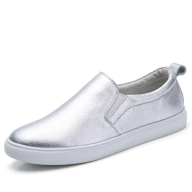 STQ 2017 Autumn Women Leather Loafers Fashion ballet flats sliver white black Shoes Woman Slip On loafers boat shoes Moccasins