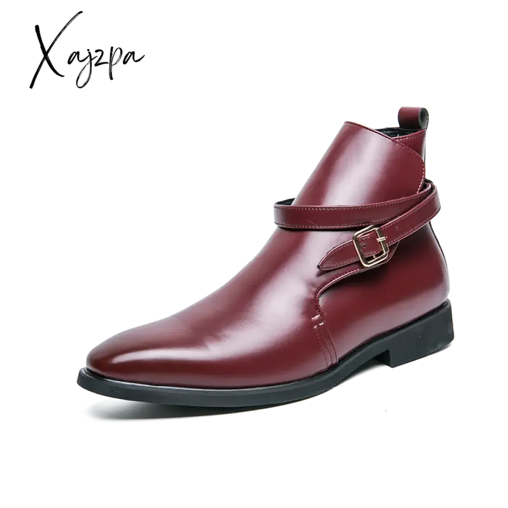 Xajzpa - New Men Ankle Boots Brown Black Red  Classic Business Casual Fashion Party Wild Personality Buckle Men Shoes Free Shiping